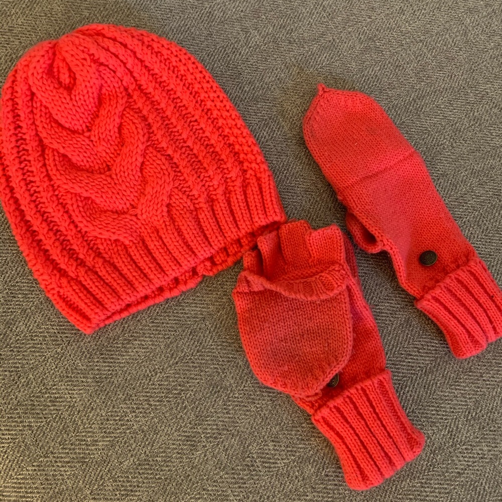 Coral Knitted Mittens and Hat Set